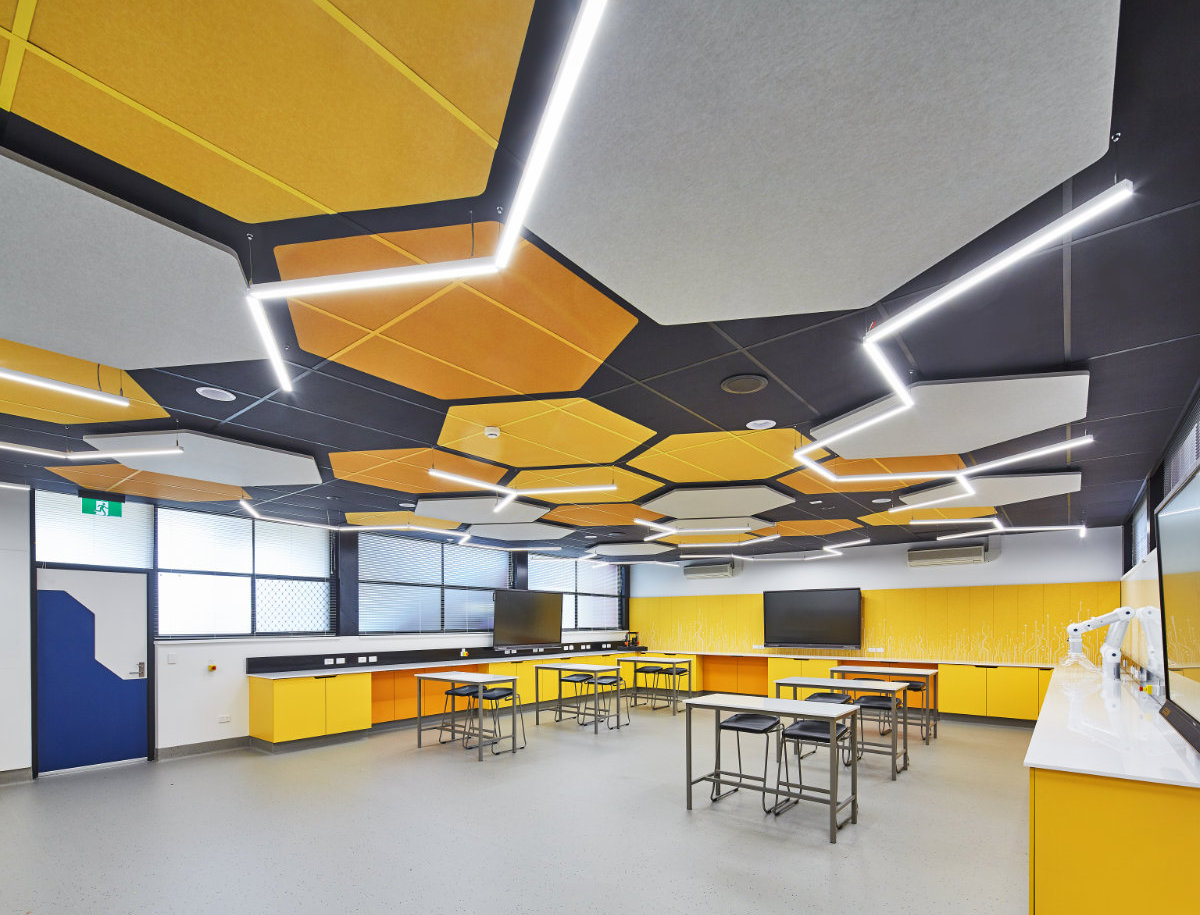 Stem Lab custom lights compliment the ceiling design